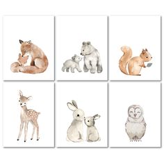 four pictures of different animals and their babies in watercolor on white paper, each with an animal's name