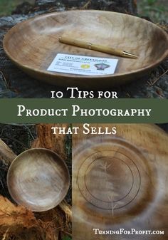 a wooden bowl sitting on top of a tree stump with the words 10 tips for product photography that sells