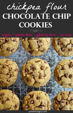 chocolate chip cookies on a cooling rack with text overlay that reads, chickpea flour chocolate chip cookies