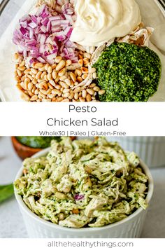 the ingredients for pesto chicken salad are shown in two separate bowls, including broccoli and red onion