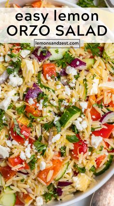 an easy lemon orzo salad with tomatoes, cucumbers and feta cheese