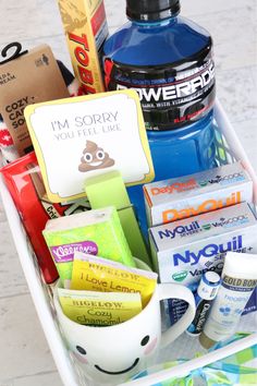 a white basket filled with lots of different items