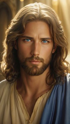 a man with long hair and blue eyes