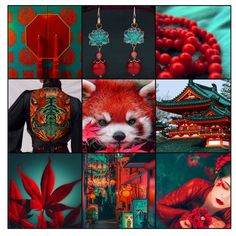 a collage of photos with red and green colors