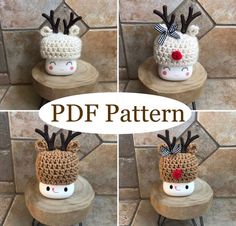 three pictures of a crocheted reindeer hat on top of a stool