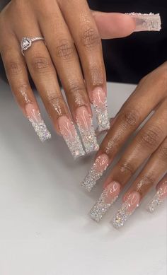 Silver Nails Prom Acrylics, Silver Nails Ideas Prom, Senior Prom Nails, Silver Classy Nails, Prom Nails With Rhinestones, Prom Cars Black People, Silver Prom Looks, Pink Formal Nails, Silver Acrylic Nail Designs