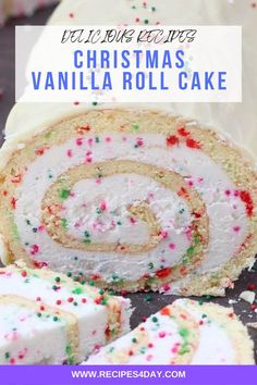 christmas vanilla roll cake with white frosting and sprinkles on the side