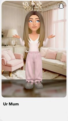 an animated girl standing in front of a living room with pink furniture and a chandelier above her head