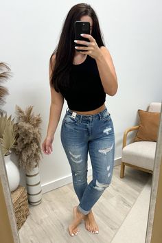 Introducing the Colt Boyfriend Jeans- the ultimate combination of comfort and style! These high waist, distressed jeans feature a trendy cuffed design that will elevate any outfit. Perfect for a casual day out or a night on the town, these jeans will become your new go-to. 92% Cotton, 7% Polyester, 1% Spandex Front Rise: 10.5" Inseam: 27" (Cuffed), 30" (Uncuffed) Judy Blue Date Night Outfit Casual, Night Ootd, Jeans And T Shirt Outfit, Latina Outfits, Tshirt Outfits, Mini Shirt Dress, Clothes Ideas, Fall Fashion Outfits, Casual Fall Outfits