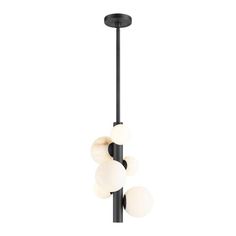 three light chandelier in black and white with five balls hanging from the ceiling