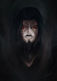 an evil looking man with red eyes and black hoodie, in the middle of a dark