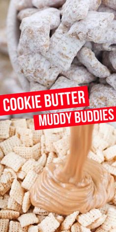 a bowl filled with cookies and peanut butter muddy buddies next to a pile of crackers