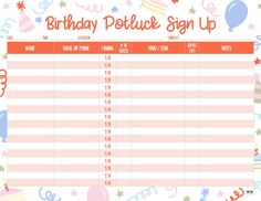 birthday sign up sheet with balloons, stars and confetti on the top one