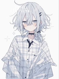 an anime character with white hair and blue eyes wearing a plaid shirt, tie and black pants