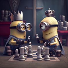 two minions playing chess in front of a cross