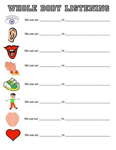 the body listening worksheet for kids with pictures and words to help them learn