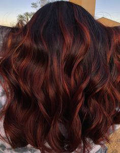 Auburn Black Balayage, Dark Roots Red Highlights, Long Brown Hair Red Highlights, Shoulder Length Fall Hair Brunettes, Dark Auburn Hair With Red Highlights, Copper Red Hair Color Balayage Dark Brown, Deep Red And Brown Hair, Brown Red Hair Color Balayage, Red Bayalage Hair Brunette