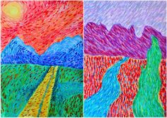 three different colored paintings with mountains in the background and one has a road going through it