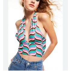 Zara Disco Style Halter Crop Top In Fun Summer Colors. New With Tags! Zara Halter Top, Puffy Sleeve Top, Bow Crop Tops, Crop Swim Top, Denim Corset Top, Disco Style, Strapless Crop Top, Zara Crop Top, Sequin Tank Tops