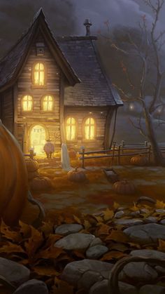 a painting of a house with pumpkins in the yard and lights shining on it