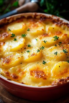 a baked dish with potatoes and parsley in a red bowl on a wooden table