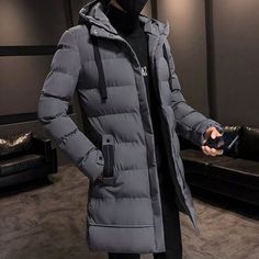 Winter Hooded Padded Thick Long Mens Jacket Coat Men Winter Jacket, Black Winter Jacket, Long Puffer Jacket, Outwear Fashion, Mens Down Jacket, Black Winter Coat, Trendy Jackets, Long Parka, Winter Parka