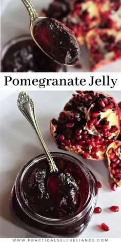 pomegranate jelly in a jar and spoon with the words pomegranate jelly