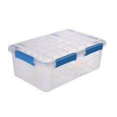 a plastic storage box with blue handles and two dividers on the bottom, sitting against a white background