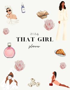 a woman in white is surrounded by pink flowers and other items that include perfumes