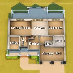 an overhead view of a floor plan for a house with three rooms and two bathrooms