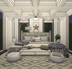 a living room filled with lots of furniture next to a star shaped ceiling light fixture