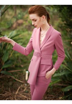 This Pink V-Neck Two Piece Business Pants Suits Set is perfect for professional women to look sharp and stylish in the workplace! With its sleek v-neck design and soft, pink material, you'll exude confidence and sophistication in this stylish pantsuit. Make a fashion statement and up your workwear game with this amazing and stylish set! Pink Two Piece Business Ladies Pants Suits Set Fabric Type: Worsted Style: Pants Suits Closure Type: Single Breasted Sleeve Length(cm): Full Decoration: Button, Feminine Pink Blazer With Notch Lapel, Chic V-neck Business Casual Pantsuit, Elegant V-neck Business Casual Suits, Feminine Pink Blazer For Office, Pink Feminine Formal Blazer, Tailored V-neck Pantsuit For Formal Occasions, Fitted V-neck Suits For Work, Tailored V-neck Office Suits, Fitted V-neck Office Suits