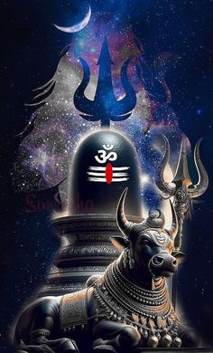 an artistic painting of a bull sitting on top of a pillar in the night sky