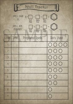 the spell tracker is shown in black and white