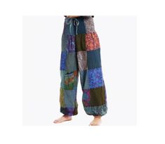 "Just too cool and comfortable. Smocked waist helps hold in the middle! Elastic at ankles. Roomy in legs.  Handmade. Fair traded. No two are the same. One Size fits waist 30\" - 42\" Inseam = 25\" Wash delicate cycle cold. Hang to dry." Hippie Style Patchwork Harem Bottoms, Multicolor Patchwork Wide Leg Harem Pants, Patchwork Hippie Pants, Cotton Patchwork Wide-leg Pants, Hippie Wide-leg Patchwork Pants, Handmade Fair, Wide Waist, Womens Trousers, Womens Pants