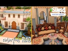 two different views of a living room and bedroom in sims 4 courtyard oasis kit