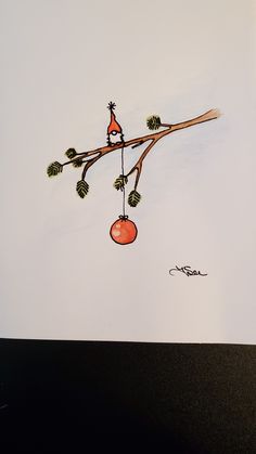 a drawing of a tree branch with an orange hanging from it