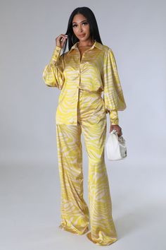 Lenina Pant Set – GitiOnline Luxury Yellow Pant Set For Festive Occasions, Luxury Traditional Fit Long Sleeve Sets, Club Night, Wide Leg Pant, Satin Top, Silk Kimono, Wide Legs, Pant Set, Kimono Fashion