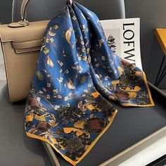 100% Silk Scarf Women Vintage Blue Leaves Kerchief Square Bandana Wrap 68*68cm  | eBay