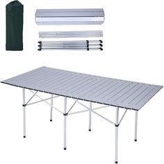 an image of a table and bench set up with accessories for the camping trip or picnic