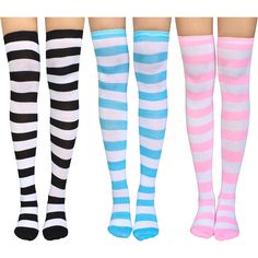 Specifications: Cozy and Comfortable - Our over the knee socks for women are made from soft and comfortable poly-cotton blends, which is breathable and comfortable. The long socks for women have good elasticity and will not fall down, giving you the feel of warm and comfortable. Unique Design - Each pair of thigh high socks for women has one fresh color and white stripes all over, black, pink and sky blue and others. Striped thigh high socks pair with shorts and mini skirts, which show your yout White Thigh High Socks, Borderlands Cosplay, White Thigh Highs, Striped Thigh High Socks, School Uniform Skirts, Striped Stockings, Knee High Stockings, Silk Stockings, Over The Knee Socks