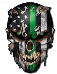 an american flag skull with green eyes