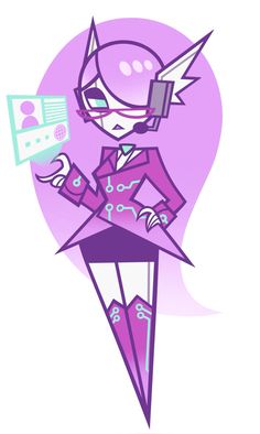 an illustration of a woman in a purple suit and cat ears holding a cell phone