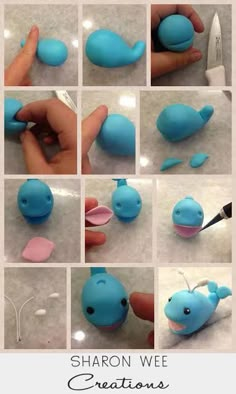 there are many pictures of blue toys being made