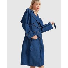 Wild Skies Denim Trench - Blue | Belle & Bloom | Wolf & Badger Belted Blue Denim Outerwear, Blue Belted Denim Outerwear, Belted Denim Blue Outerwear For Fall, Spring Denim Blue Belted Outerwear, Denim Blue Belted Outerwear For Spring, Chic Denim Blue Outerwear, Belted Denim Blue Denim Outerwear, Dark Wash Denim Outerwear With Double Button Closure, Denim Blue Outerwear With Double Button Closure