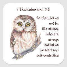 an owl sitting on top of a tree branch next to a quote from the bible