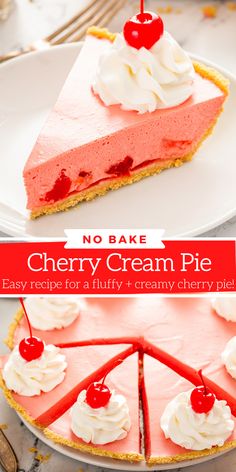 no bake cherry cream pie on a white plate