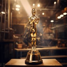 an oscar statue sitting on top of a wooden table in front of a spotlight filled room