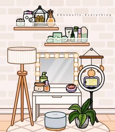 a room with a mirror, lamp and various items on the table in it's corner