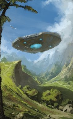 an alien ship flying over a lush green hillside